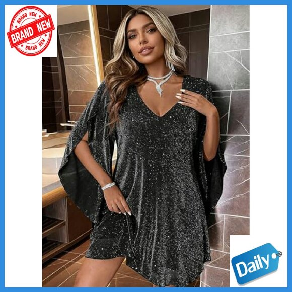 Sparkly Cocktail Dress Flutter Sleeve Chiffon Wedding Guest Party - Picture 3 of 8